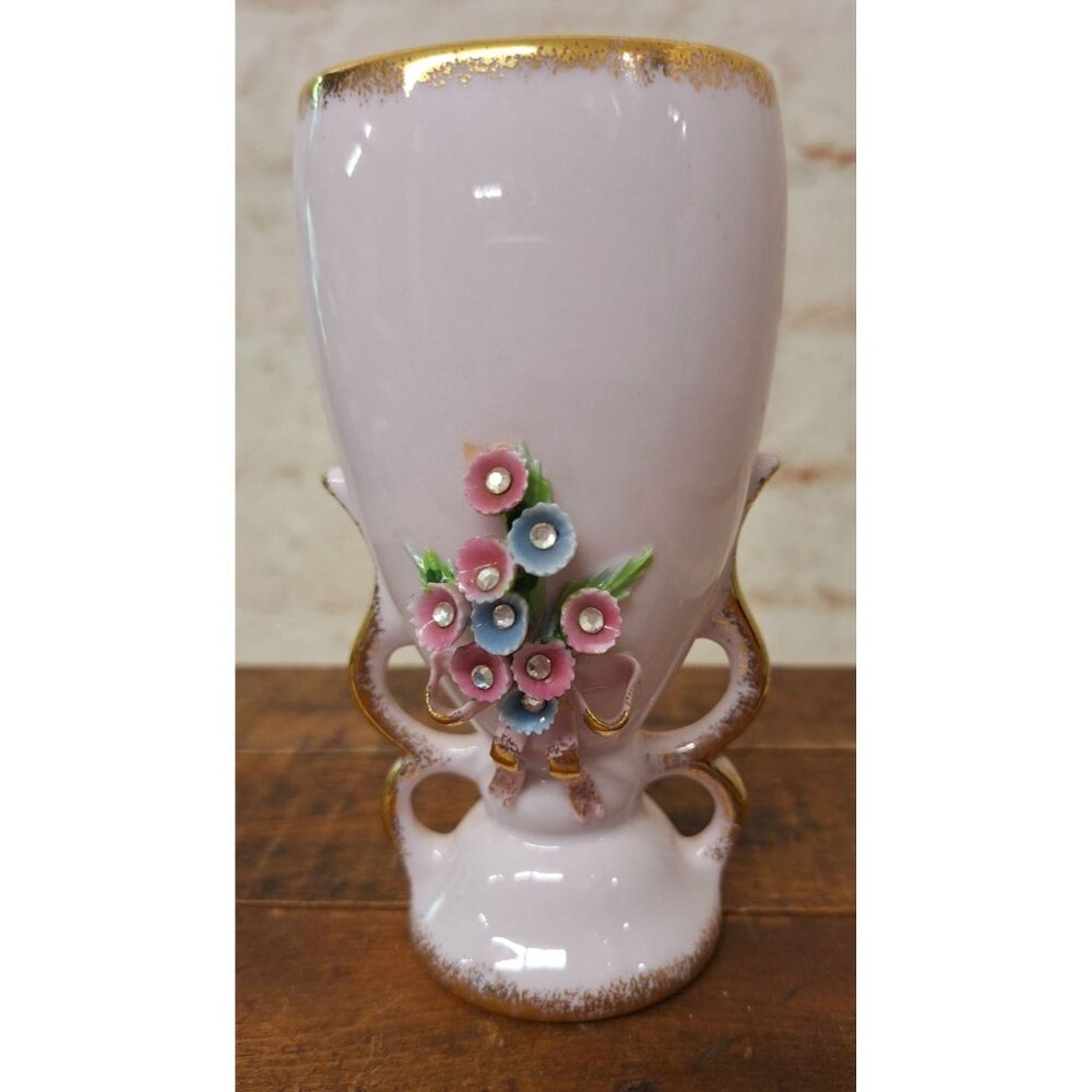 Lefton 6" Vase Pink & Gold Porcelain Floral & Rhinestones Tag on Bottom
